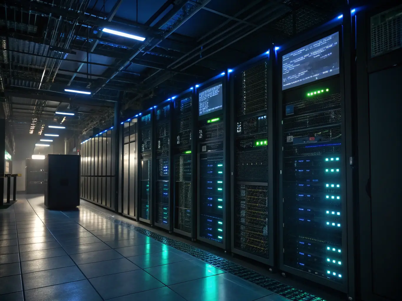 A secure server room with blinking lights, representing the reliability and security of Karan Web Solutions' infrastructure.